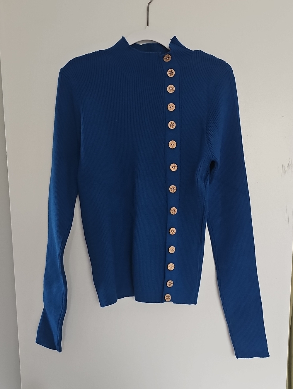 RIHOAS Cobalt Blue Ribbed Button-Up Cardigan BNWT Size S Mock Neck